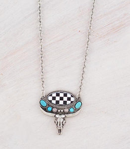 Western Checkered Steer Skull Necklace