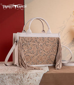 Trinity Ranch Floral Tooled Fringe Concealed Carry Tote/Crossbody - Khaki