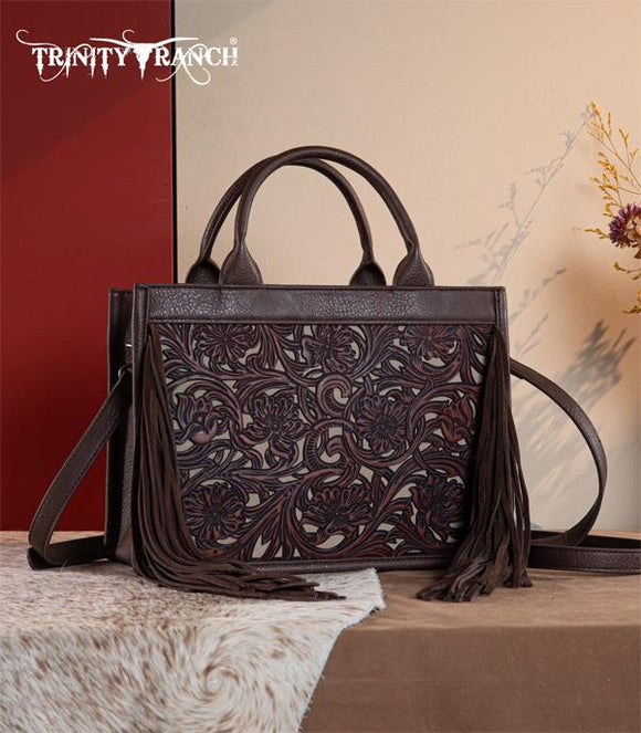 Trinity Ranch Floral Tooled Fringe Concealed Carry Tote/Crossbody - Coffee