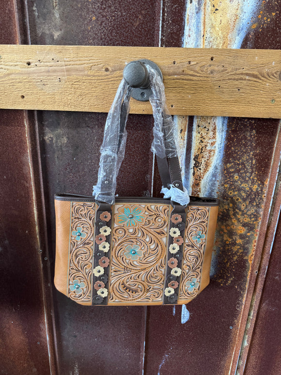 Brown Floral Leather Tote