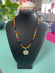 Black & White Multicolor Beaded Necklace w/ White Squash Charm