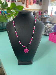 Pink, Black, & White Beaded Necklace w/ Pink Squash Charm