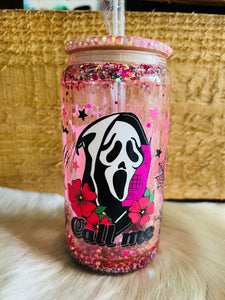 Call Me Snowglobe Glass Coffee Tumbler - Pink Glitter