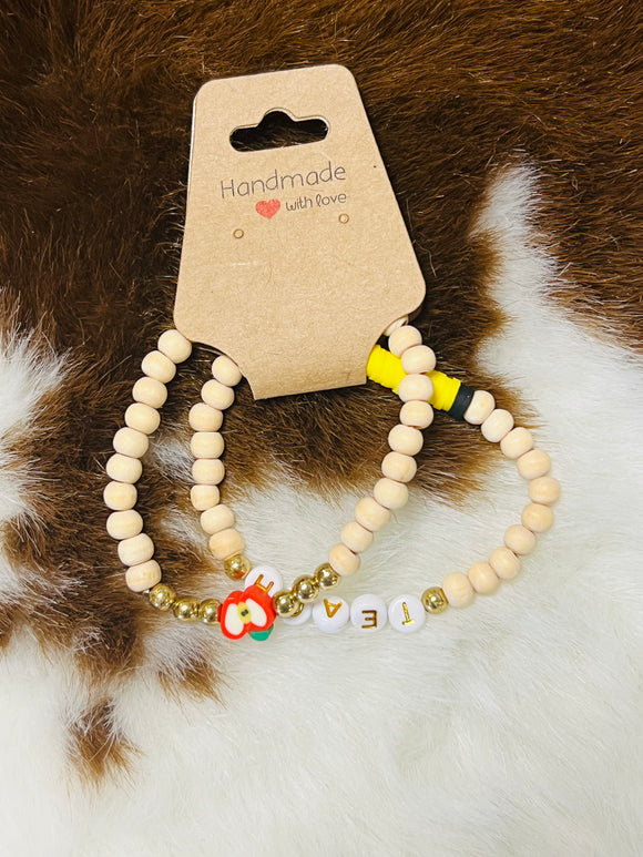 Teacher Charm Wooden Bead Bracelets