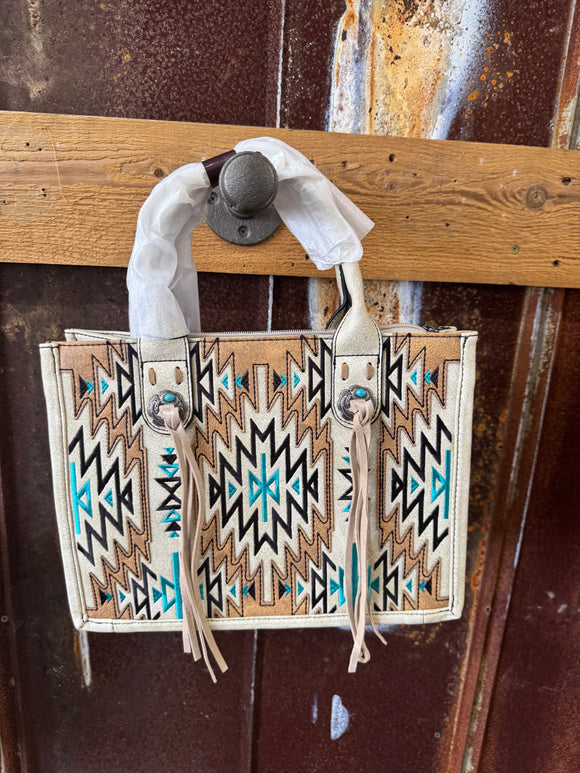 Beige Leather Tote with Turquoise & Brown stitching