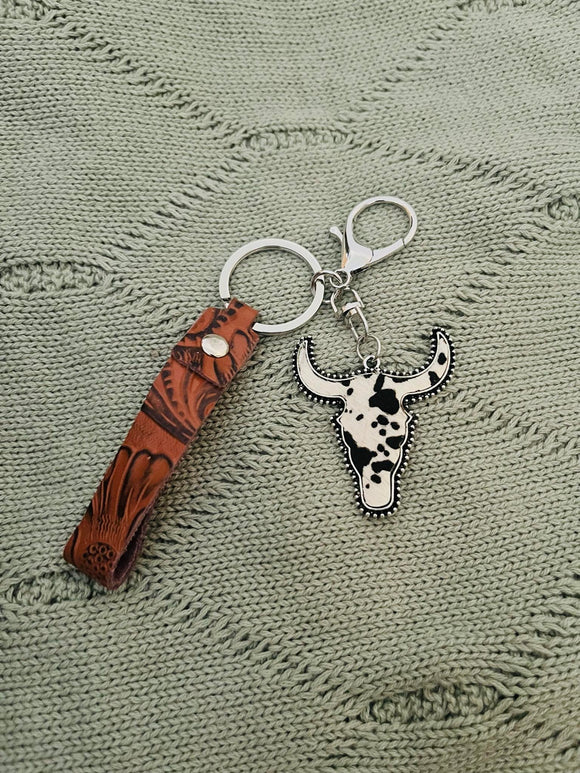 Cow Print Bull Skull Keychain