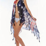 American USA Flag Beach Vest Cover up w Tassel